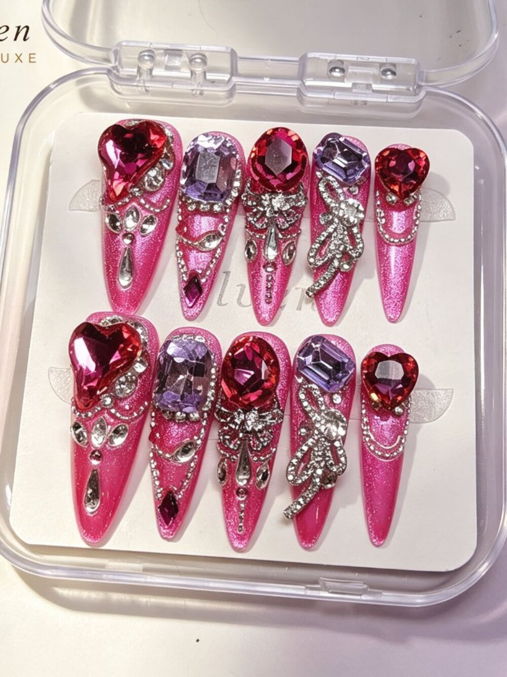 Barbie Core Hot Pink Long Stiletto Press On Nails With Red Heart Gems Rhinestone